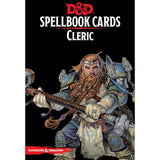 Black cover for a Dungeons & Dragons cleric spellbook card deck, featuring a bearded fantasy warrior in blue and silver armor holding a staff. The cover reads “D&D,” “SPELLBOOK CARDS,” and “CLERIC,” with a red “DUNGEONS & DRAGONS” banner at the bottom.