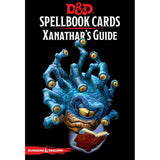 Front of the Spellbook Cards deck box on a black background, featuring a blue many-eyed hand-like creature holding an open red book. White lettering reads “SPELLBOOK CARDS” and “XANATHAR’S GUIDE,” beneath a red D&D logo.
