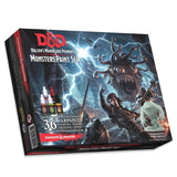 Angled view of a dark blue Dungeons & Dragons Monster Paint Set box, with lightning-lit artwork of a tentacled monster and a frightened adventurer, paint bottles, and a pale miniature. The front reads “D&D” and “MONSTERS PAINT SET.”