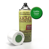 A tall spray primer can with a yellow-green label stands beside its white cap, which lies on its side with a green color swatch. The can reads “THE ARMY PAINTER” and a green callout reads “Goblin Green CP3024.”