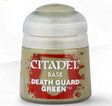 A small squat pot of muted green hobby paint with a wide translucent gray-white lid, shown against a white background. Its red label reads “CITADEL,” “BASE,” and “DEATH GUARD GREEN.”