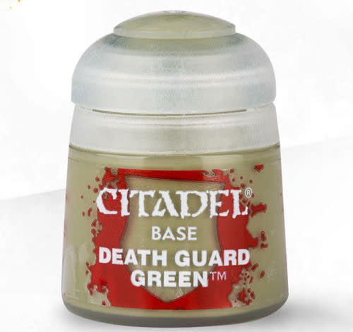 A small squat pot of muted green hobby paint with a wide translucent gray-white lid, shown against a white background. Its red label reads “CITADEL,” “BASE,” and “DEATH GUARD GREEN.”