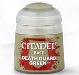 A small squat pot of muted green hobby paint with a wide translucent gray-white lid, shown against a white background. Its red label reads “CITADEL,” “BASE,” and “DEATH GUARD GREEN.”