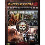 Cover of the BattleTech handbook “MAJOR PERIPHERY STATES,” with a central skull emblem over a collage of people, armored soldiers, machinery and a dusty battlefield. “BATTLETECH” appears in orange lettering across the top.