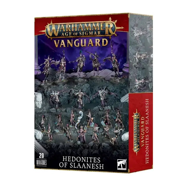 Warhammer Age of Sigmar Vanguard: Hedonites of Slaanesh miniatures box, shown from the front and right side. The dark purple and red package displays rows of fantasy figures and the text “WARHAMMER AGE OF SIGMAR,” “VANGUARD,” “HEDONITES OF SLAANESH,” and “20 MINIATURES.”