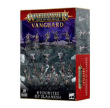 Warhammer Age of Sigmar Vanguard: Hedonites of Slaanesh miniatures box, shown from the front and right side. The dark purple and red package displays rows of fantasy figures and the text “WARHAMMER AGE OF SIGMAR,” “VANGUARD,” “HEDONITES OF SLAANESH,” and “20 MINIATURES.”