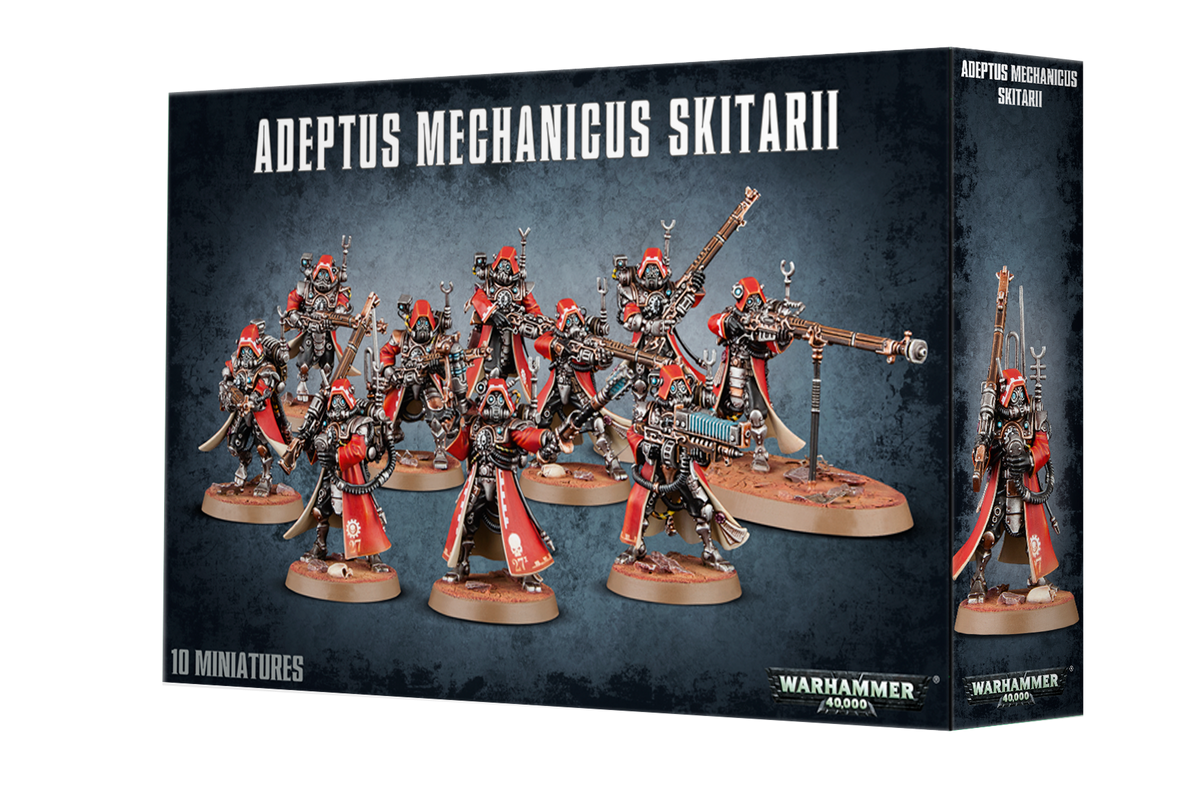 Box for Adeptus Mechanicus Skitarii miniatures, showing a group of red and metallic armored figures with weapons on bases across the front and one figure on the narrow side panel. The front reads “ADEPTUS MECHANICUS SKITARII” and “10 MINIATURES.”