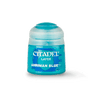 A turquoise-blue Citadel paint pot with a rounded white lid stands against a muted green background, casting a soft shadow. Its front label reads “CITADEL,” “LAYER,” and “AHRIMAN BLUE.”