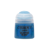 A small blue paint pot with a pale blue flip-top lid, shown upright against a white background. Its front label reads “CITADEL,” “LAYER,” and “ALAITOC BLUE.”