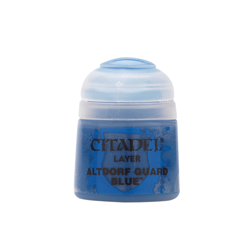 A small blue paint pot with a rounded white flip-top lid, shown upright against a plain background. Its label reads “CITADEL,” “LAYER,” and “ALTDORF GUARD BLUE.”