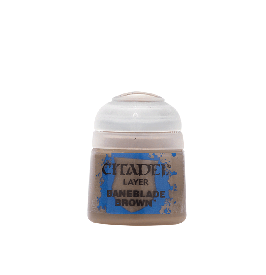 A small pot of tan-brown Citadel miniature paint with a rounded white lid, shown upright against a plain green background. The blue label reads “CITADEL,” “LAYER,” and “BANEBLADE BROWN.”