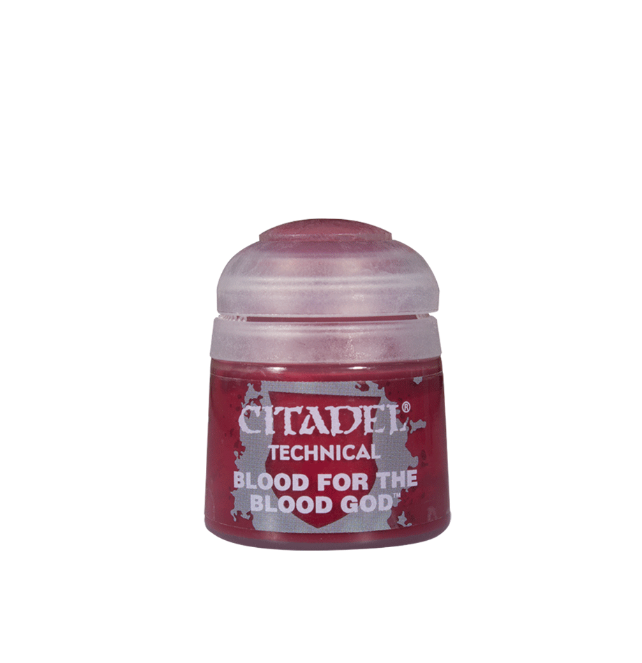 Small red Citadel technical paint pot shown from the front against a plain background, with a translucent pale pink cap and distressed silver label text reading “CITADEL,” “TECHNICAL,” and “BLOOD FOR THE BLOOD GOD.”