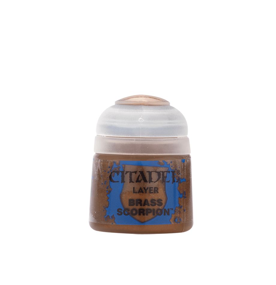 A small paint pot with a white flip-top lid and a brown-and-blue label, shown upright from the front. The label reads “CITADEL,” “LAYER,” and “BRASS SCORPION.”