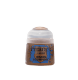 A small paint pot with a white flip-top lid and a brown-and-blue label, shown upright from the front. The label reads “CITADEL,” “LAYER,” and “BRASS SCORPION.”