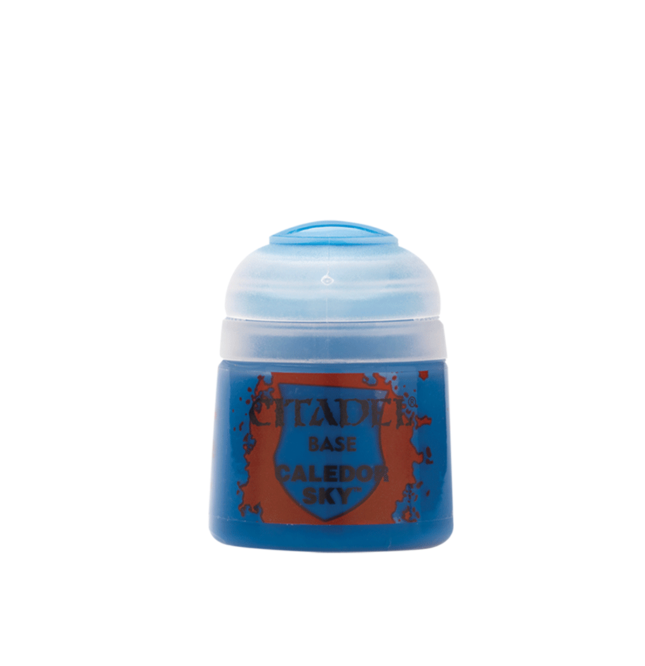 A small blue paint pot with a pale blue cap, shown upright against a plain background. Its front label reads “CITADEL,” “BASE,” and “CALEDOR SKY.”