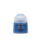 A small blue Citadel paint pot with a white flip-top lid, shown upright against a plain background. Its label reads “CITADEL,” “LAYER,” and “CALGAR BLUE.”