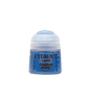 A small blue Citadel paint pot with a white flip-top lid, shown upright against a plain background. Its label reads “CITADEL,” “LAYER,” and “CALGAR BLUE.”