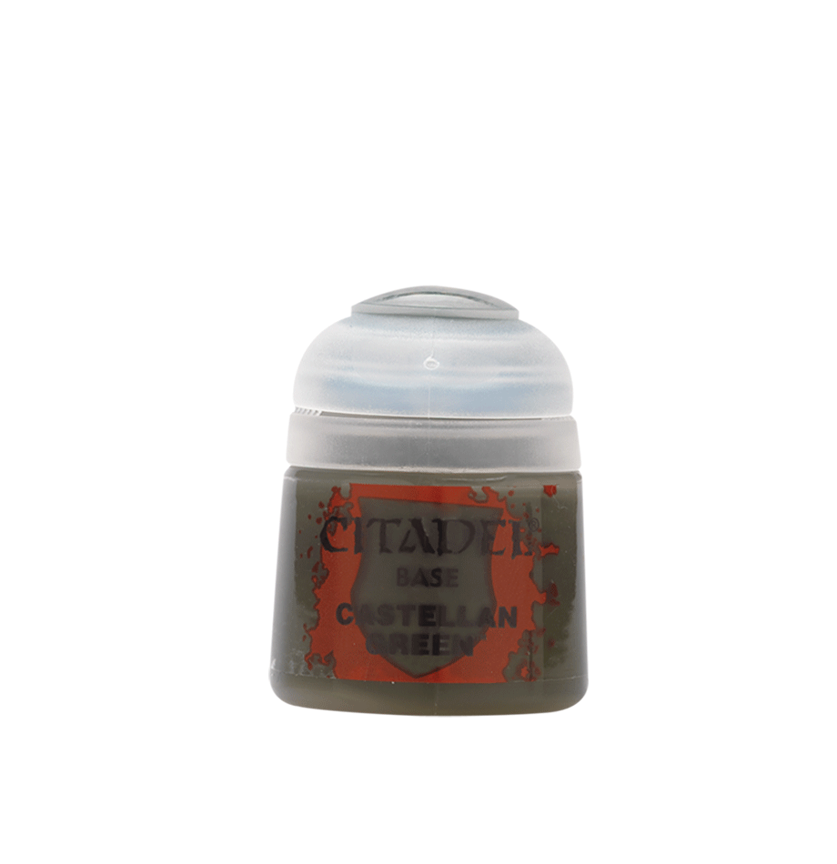A small pot of dark green miniature paint with a rounded white flip-top lid and a red-and-gray label reading “CITADEL,” “BASE,” and “CASTELLAN GREEN.”