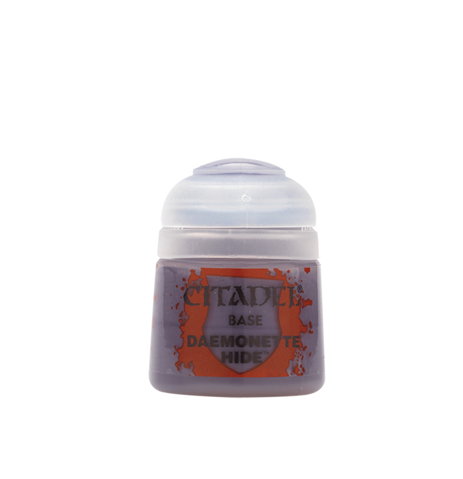 A small Citadel paint pot with a translucent white cap and muted lavender-gray paint visible inside. The orange-and-gray label reads “CITADEL,” “BASE,” and “DAEMONETTE HIDE.”