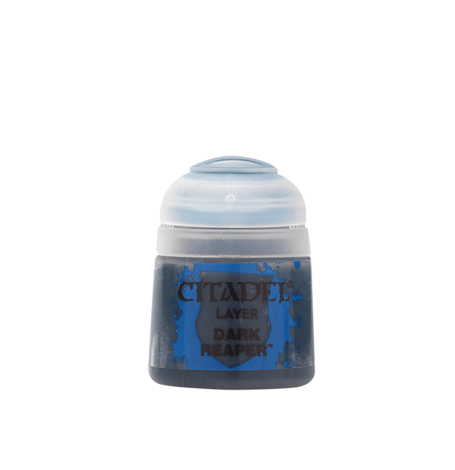 A squat miniature paint pot with a translucent white flip-top lid and a blue-and-dark gray label. The label reads “CITADEL,” “LAYER,” and “DARK REAPER.”
