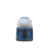 A squat miniature paint pot with a translucent white flip-top lid and a blue-and-dark gray label. The label reads “CITADEL,” “LAYER,” and “DARK REAPER.”
