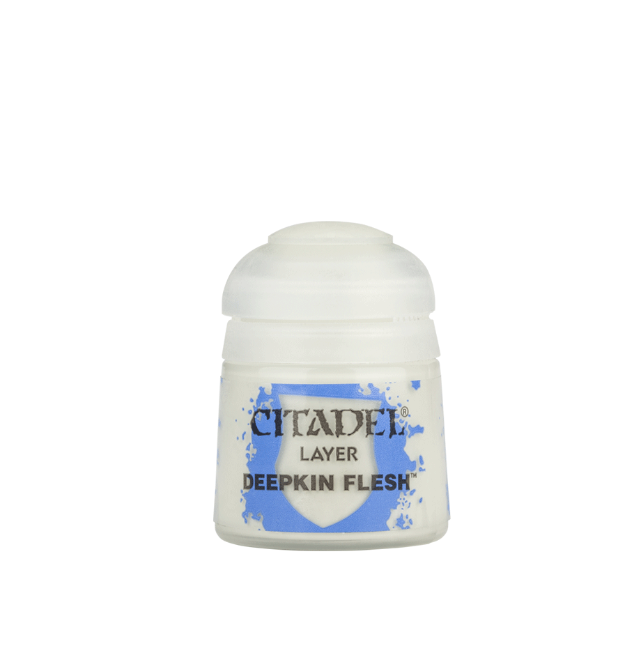 A small white Citadel paint pot is shown upright against a plain background, with a ribbed white lid and a blue-and-white label. The label reads “CITADEL,” “LAYER,” and “DEEPKIN FLESH.”