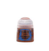 Small brown paint pot with a pale pinkish-white flip-top lid and a blue, brown-speckled label reading “CITADEL,” “LAYER,” and “DOOMBULL BROWN.”