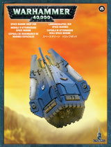 Cover artwork shows a blue, angular Space Marine Drop Pod miniature with a central weapon and detailed panels against a glowing orange-yellow backdrop. The title reads “WARHAMMER 40,000,” with “SPACE MARINE DROP POD” beneath it.