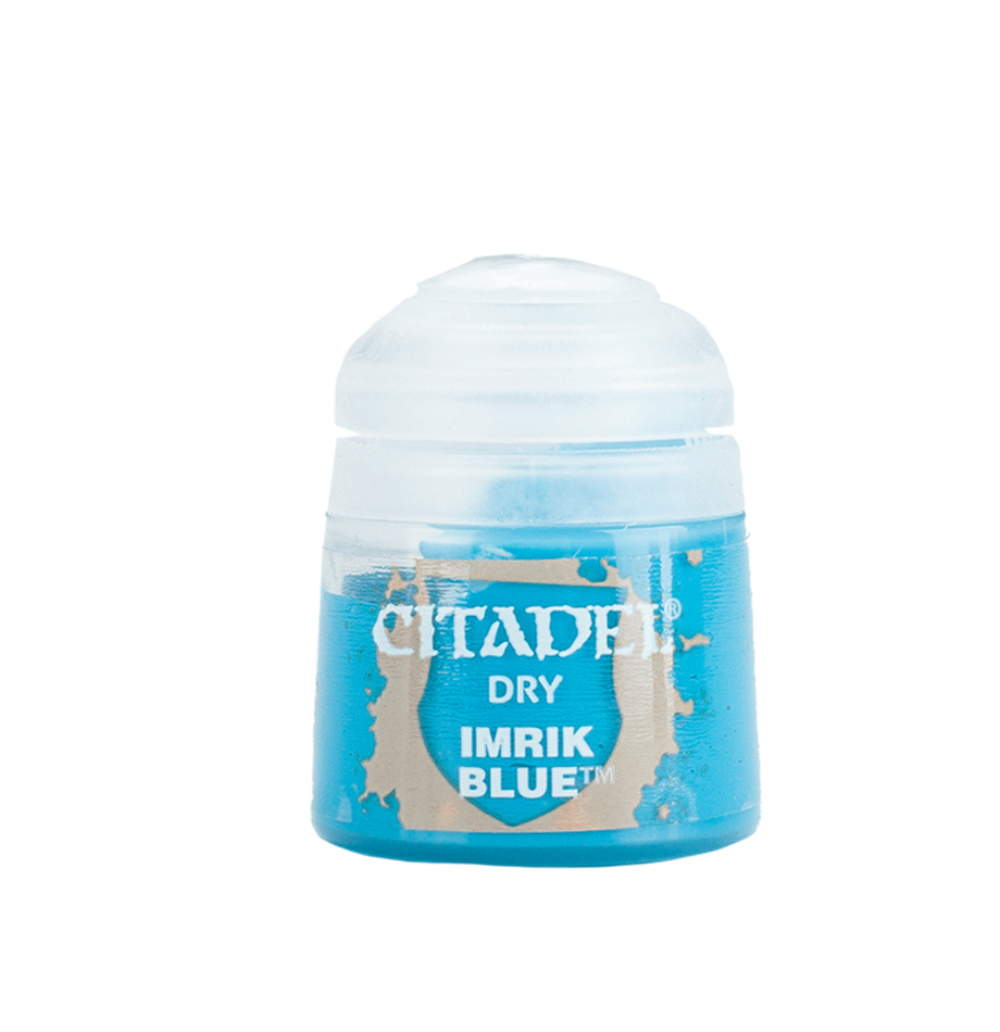 A small squat paint pot with a bright blue body and rounded white cap, shown upright against a plain background. Its label reads “CITADEL,” “DRY,” and “IMRIK BLUE.”