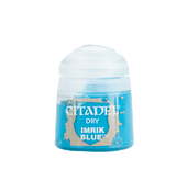 A small squat paint pot with a bright blue body and rounded white cap, shown upright against a plain background. Its label reads “CITADEL,” “DRY,” and “IMRIK BLUE.”