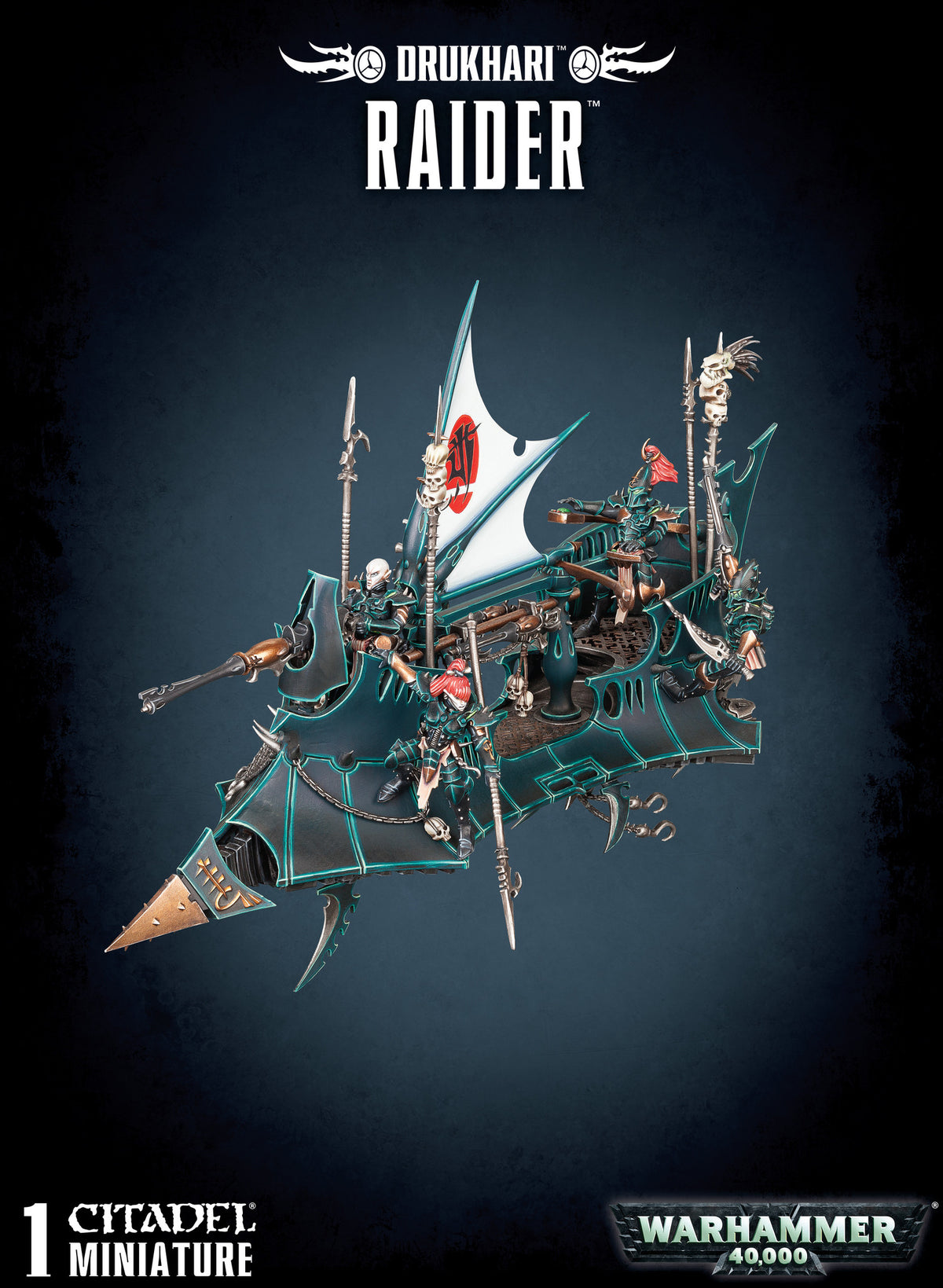 A dark, angular Drukhari Raider miniature with teal edging, a white sail bearing a red emblem, gold accents, and small crew figures, shown against a dark background. The text reads “DRUKHARI,” “RAIDER,” and “WARHAMMER 40,000.”
