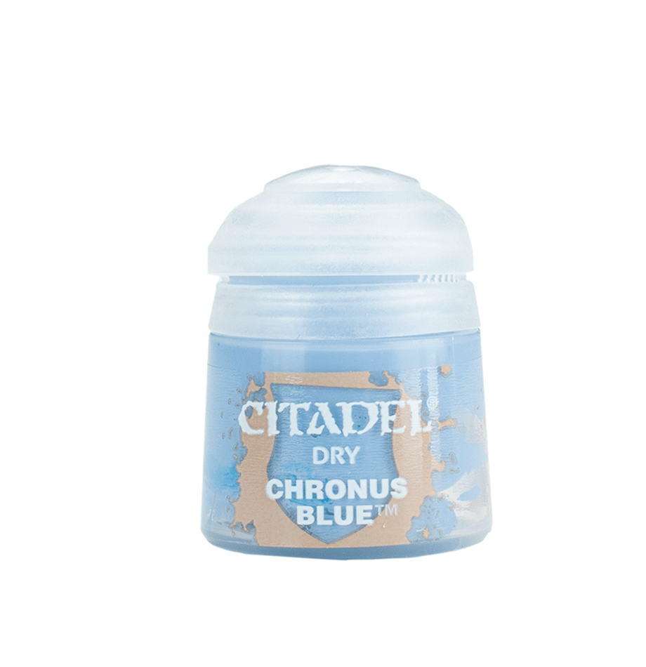 A small Citadel dry paint pot stands upright against a plain background, with a white domed cap and a light blue label featuring a tan shield graphic. The label reads “CITADEL,” “DRY,” and “CHRONUS BLUE.”