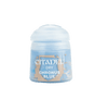 A small Citadel dry paint pot stands upright against a plain background, with a white domed cap and a light blue label featuring a tan shield graphic. The label reads “CITADEL,” “DRY,” and “CHRONUS BLUE.”