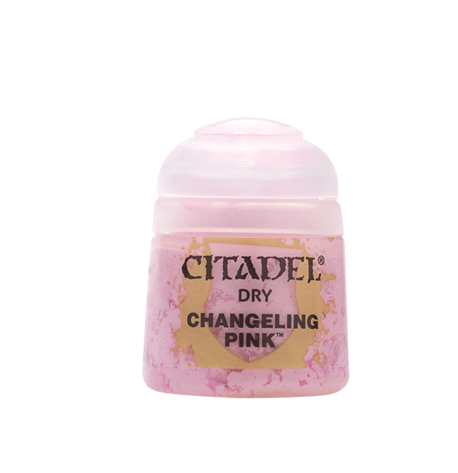 Small Citadel paint pot with a rounded pale pink lid and a mottled pink label around a gold shield. The label reads “CITADEL,” “DRY,” and “CHANGELING PINK.”