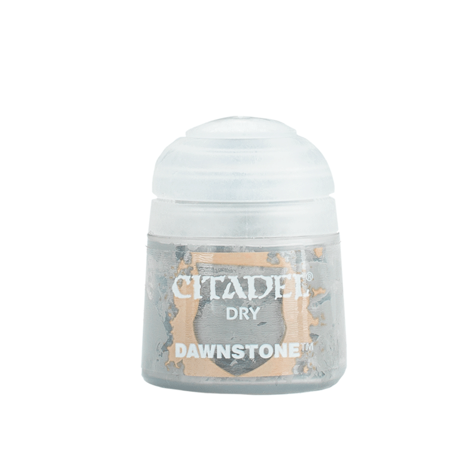 A small clear paint pot with a white domed cap and gray paint visible inside, shown upright against a plain background. Its label reads “CITADEL,” “DRY,” and “DAWNSTONE.”