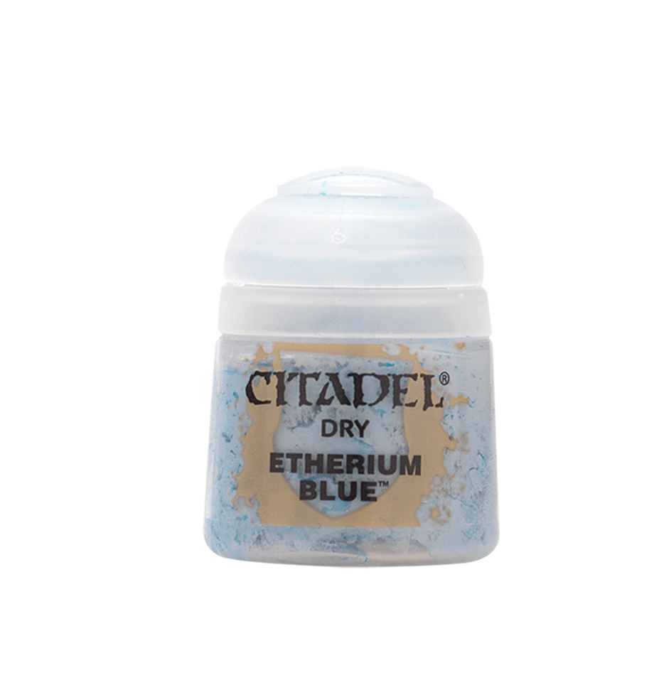 A small Citadel paint pot shown upright, with a white ridged cap and a pale blue, gray, and tan marbled label. The label reads “CITADEL,” “DRY,” and “ETHERIUM BLUE.”