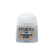 A small Citadel paint pot shown upright, with a white ridged cap and a pale blue, gray, and tan marbled label. The label reads “CITADEL,” “DRY,” and “ETHERIUM BLUE.”