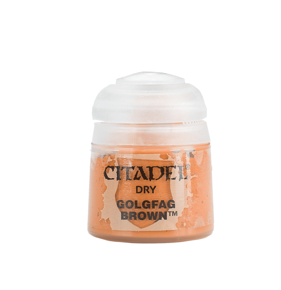 A small pot of orange-brown Citadel dry paint stands upright against a plain background, with a rounded white cap and an orange label. The label reads “CITADEL,” “DRY,” and “GOLGFAG BROWN.”
