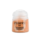 A small pot of orange-brown Citadel dry paint stands upright against a plain background, with a rounded white cap and an orange label. The label reads “CITADEL,” “DRY,” and “GOLGFAG BROWN.”