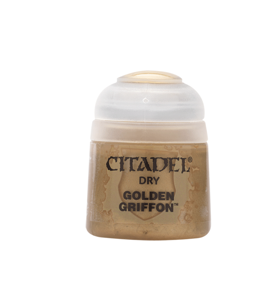 A small paint pot with a tan-gold body and rounded white cap stands against a dark green background. Its label reads “CITADEL,” “DRY” and “GOLDEN GRIFFON.”