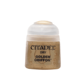 A small paint pot with a tan-gold body and rounded white cap stands against a dark green background. Its label reads “CITADEL,” “DRY” and “GOLDEN GRIFFON.”