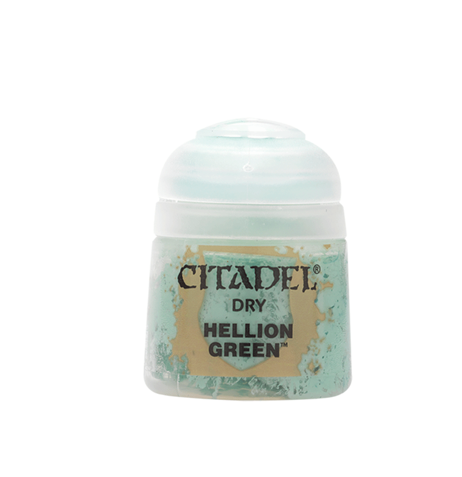 Small white plastic pot of Citadel dry paint with a rounded white cap and a turquoise-green, tan-speckled label. The label reads “CITADEL,” “DRY,” and “HELLION GREEN.”