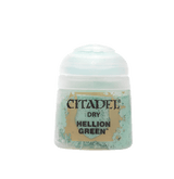 Small white plastic pot of Citadel dry paint with a rounded white cap and a turquoise-green, tan-speckled label. The label reads “CITADEL,” “DRY,” and “HELLION GREEN.”