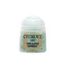 Small white plastic pot of Citadel dry paint with a rounded white cap and a turquoise-green, tan-speckled label. The label reads “CITADEL,” “DRY,” and “HELLION GREEN.”