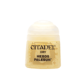 A small paint pot with a rounded white cap and pale yellow cream-colored body. Its front label reads “CITADEL,” “DRY,” and “HEXOS PALESUN.”