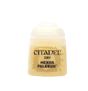 A small paint pot with a rounded white cap and pale yellow cream-colored body. Its front label reads “CITADEL,” “DRY,” and “HEXOS PALESUN.”