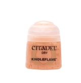 A small squat pot of peach-orange Citadel dry paint with a pale peach ridged flip-top lid, shown upright against a green background. The front label reads “CITADEL,” “DRY,” and “KINDLEFLAME.”
