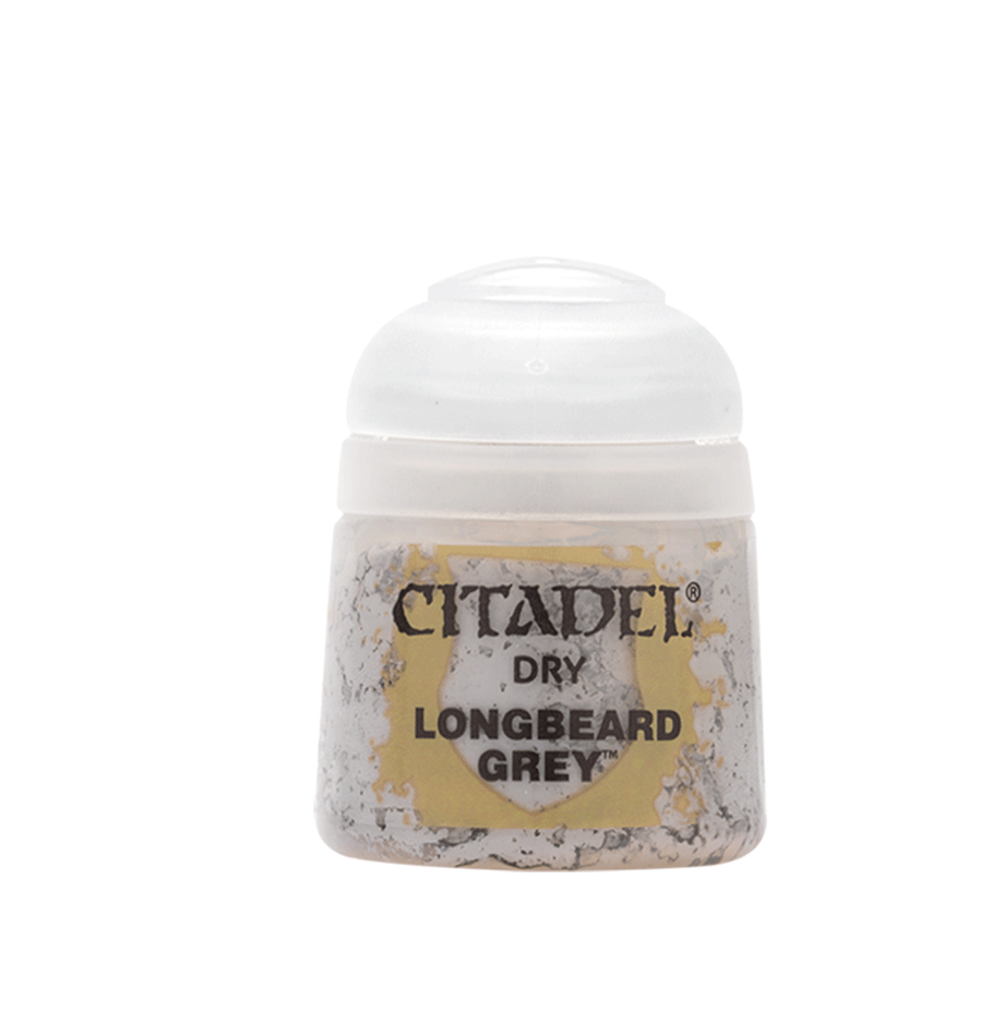 Small Citadel paint pot shown upright with a white domed cap and a mottled gray-and-gold label. The label reads “CITADEL,” “DRY,” and “LONGBEARD GREY.”