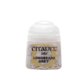 Small Citadel paint pot shown upright with a white domed cap and a mottled gray-and-gold label. The label reads “CITADEL,” “DRY,” and “LONGBEARD GREY.”