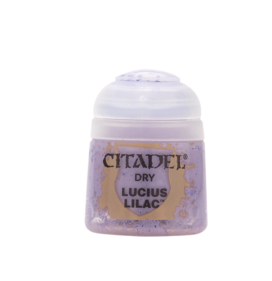 Small Citadel paint pot shown upright against a plain green background, with a white flip-top lid and a pale lilac, mottled label. The label reads “CITADEL,” “DRY,” and “LUCIUS LILAC.”